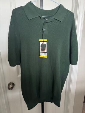 DKNY Forest Green Ribbed Polo Top